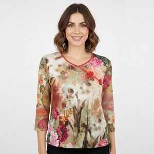 Vibrant Floral Print Blouse Top 3/4 Sleeve Frog Closure Accent Stretch Shirt